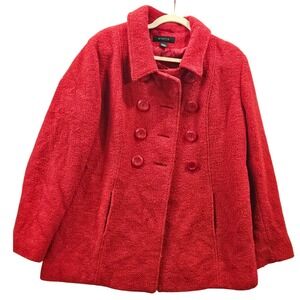 Red‎ Boucle 80% Wool Pea Coat Women Lg Double Breasted Collared #H462